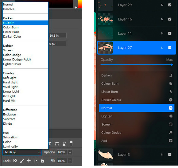 Blending modes in Photoshop vs Procreate