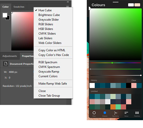 Color palettes in Photoshop VS Procreate